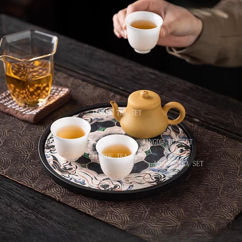 Dunhuang Mural Tea Tray Circular Chinese Style Dry Foam Trays Household Lotus Tea Tray Teaset Tray Tea Ceremony Accessories
