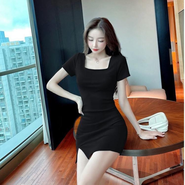 New pure desire Spice Girl square neck dress summer sexy slim fit short sleeve short skirt split hip wrap skirt
