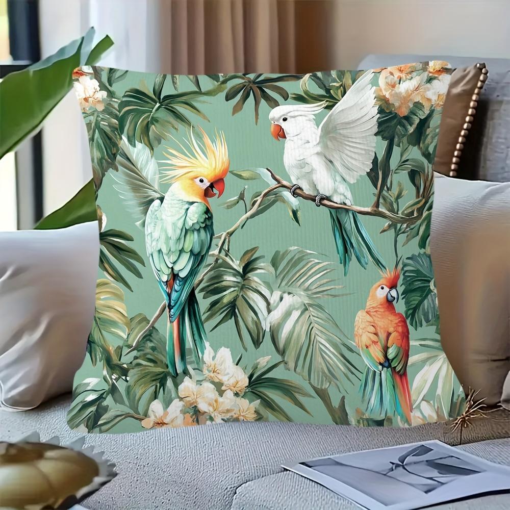2D flach- Tropischer Dschungelvögel Kissenbezug Grün Palmenblatt Floral Nymphensittich Ara Kissenhülle für Heimdekoration