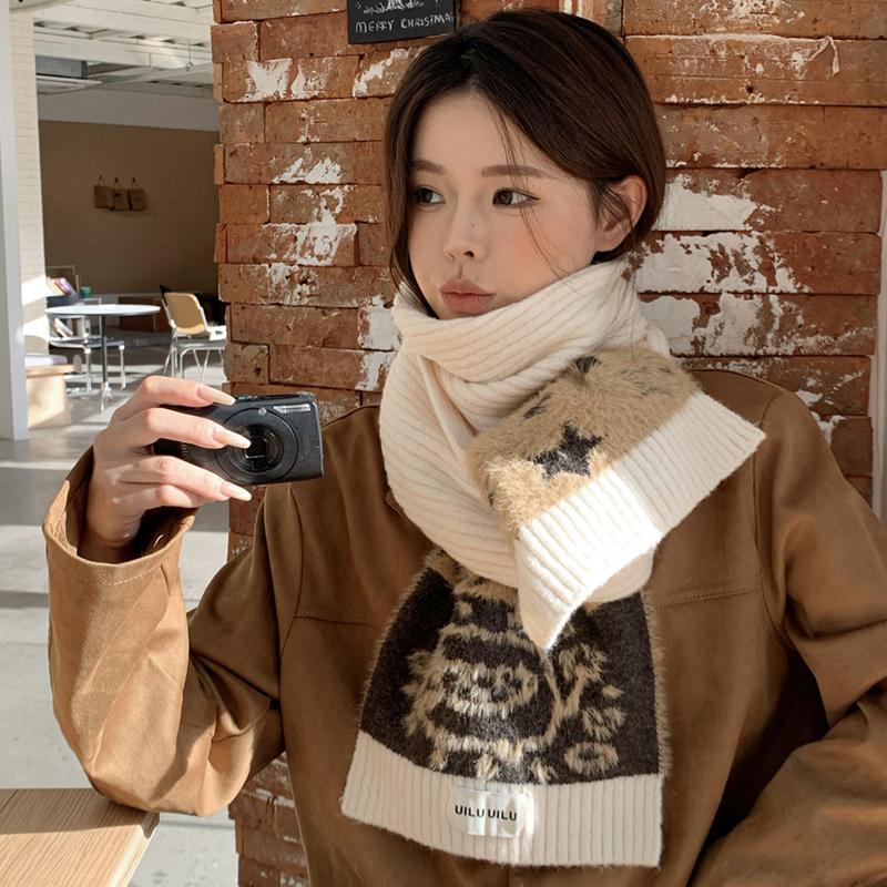 Winter Cute Knitted Women Scarf Headscarf Ladies Casual Animal Dog Print Warm Soft Scarve Mujer Foulard Wrap Shawl Korean New