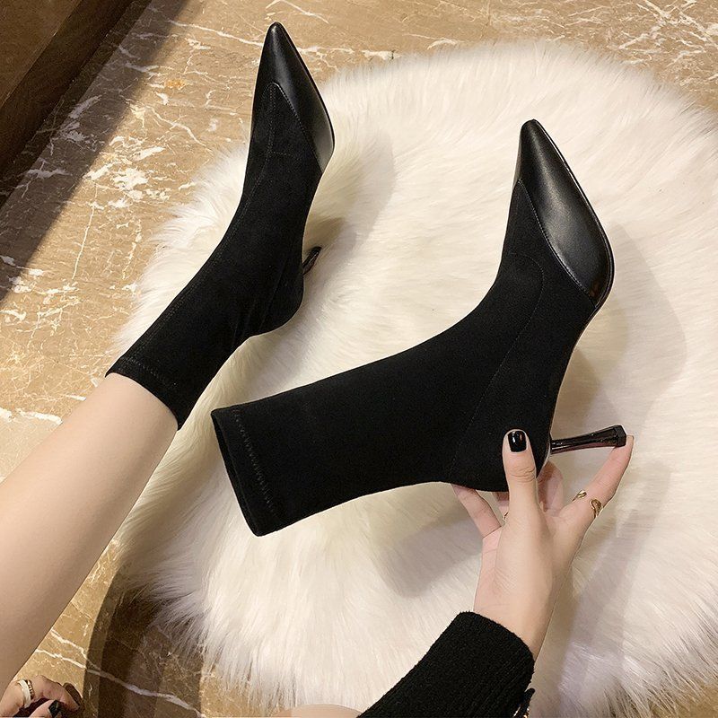 Elastic Socks Boots Pointed Middle Heel Short Boots Thin Heel High Heels Women's Autumn and Winter 2025 Naked Boots Women's Spring and Autumn Single B