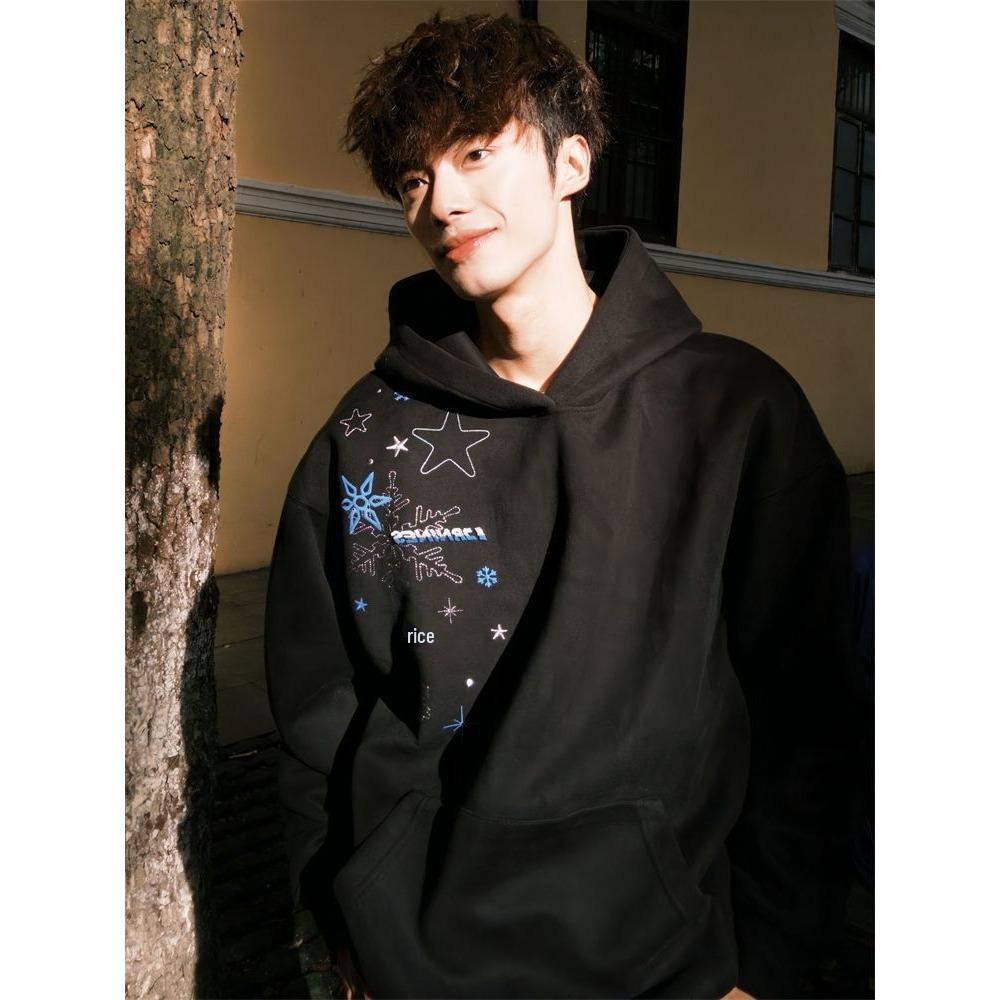 Unisex Retro Snowflake Embroidered Hooded Sweatshirt - Casual Loose Fit for Autumn/Winter