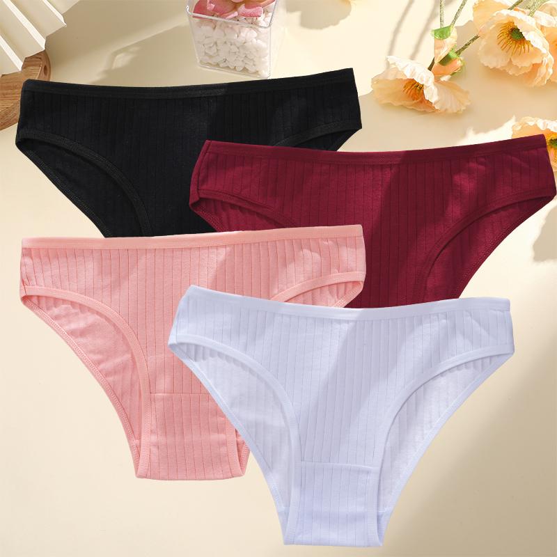 4PCS/SET Women's Cotton Panties Sexy Soft Striped Underpants Solid Color Briefs Female Comfortable Stretch Lingerie M-XL