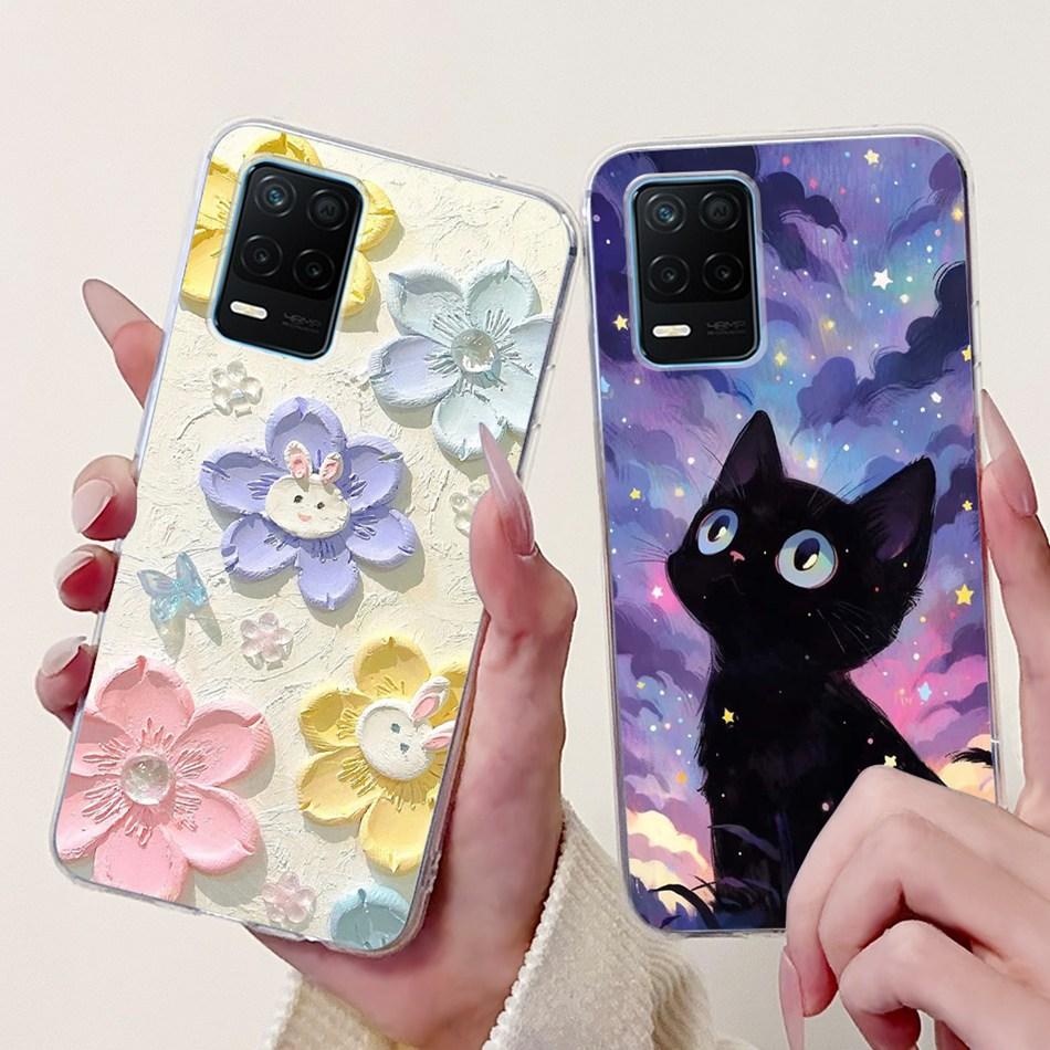 Pro telefon Realme 8 5G RMX3241 Pouzdro na telefon Realme8 5G Elegantní Květinový Potisk Kočky Měkký Silikon Průhledné TPU Pouzdra