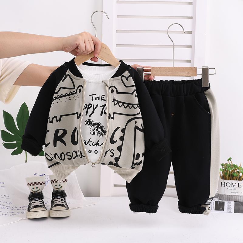 

0-5-year-old boys long sleeved 3-piece set, autumn Children s dinosaur printed jacket, Boys casual sports set S серый