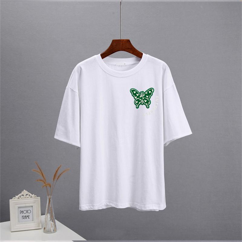 Shellsuning Sommer Baumwolle O Neck T Shirts Frauen Schöne Schmetterling Kurzarm 3D Brief Drucken Tees Lose Weiche Grundlegende Weibliche tops