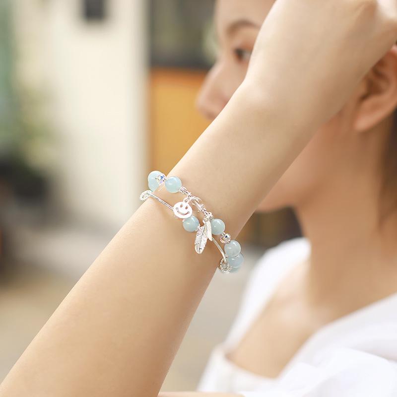 Aquamarine Fresh Blue Crystal Beaded Bracelet with S925 Silver Feather