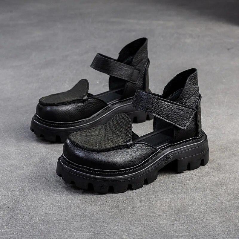 Johnature Sandali retrò con suola spessa Scarpe da donna versatili con chiusura a strappo in vera pelle