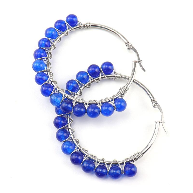 Silver Stainless Steel Large Loop Earrings Earrings Winding Natural Stone Original Bead Crystal Agate Bead Earrings E26 Stainless steel ring