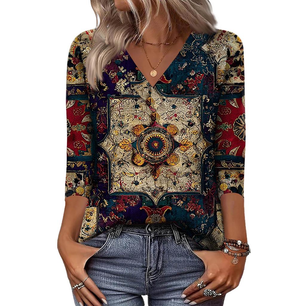 Women's 3/4 Sleeve Shirts V Neck Print Tops Casual Tops Basic Tees Blouse Loose Tops