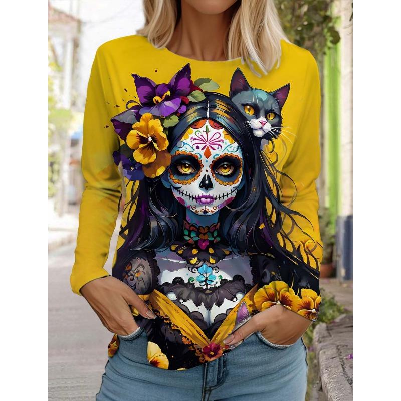 Sugar Skull Pattern Womens Long Sleeve Shirt Day of the Dead Shirts Summer 3D Printed Tops y2k Gothic style Women's Clothing