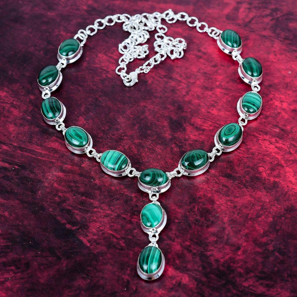 Malachite Handmade Gemstone Necklace, 925 Solid Sterling Silver Necklace Antique Jewelry, For Thanksgiving