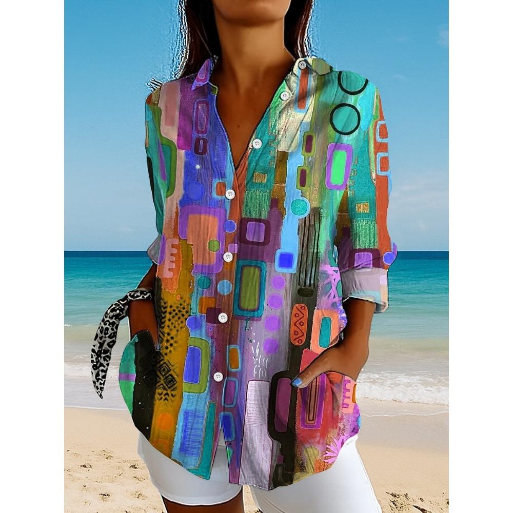 Women's Shirt Graphic Geometric Plaid Vintage Tropical Daily Long Sleeve Shirt Collar Regular Tops Holiday Buttons Print Fall