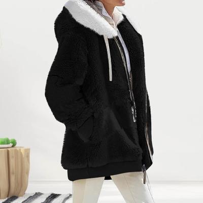 Women Winter Plush Coat with Hood Drawstring Zipper Closure Loose Windproof Thickened