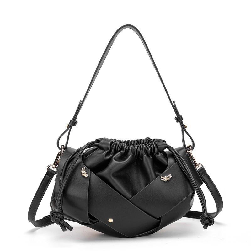 Black Woven Drawstring Bucket Bag Women 2026 Minimalist Crossbody Shoulder Casual Office Commute Small Purse