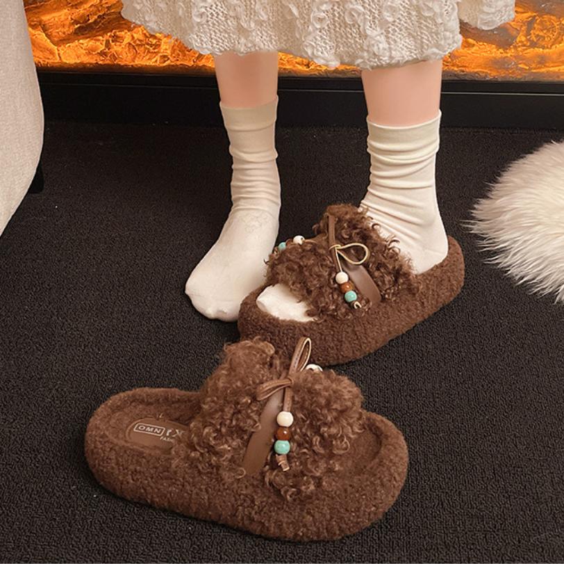 

2026 Winter Woman Slippers Plush Interior Anti Slip Sole Thick Bottom Fashion Warm Flip-flops Use Indoor Outdoor Pantuflas Mujer 41 коричневий