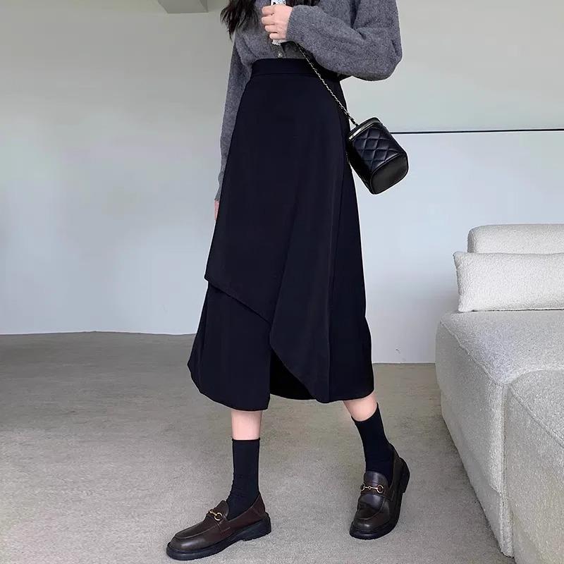 

2024 Spring/Summer Plus Size Black Irregular High Waist Midi A-line Skirt 3XL