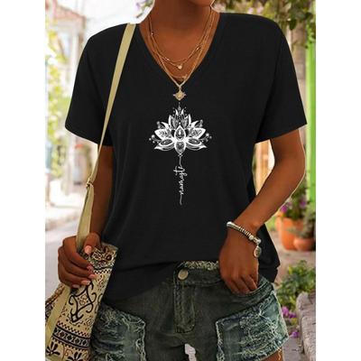 Texture Printed Women's V-neck Short Sleeved T-shirt, Soft Fabric Women's Short Sleeved Top