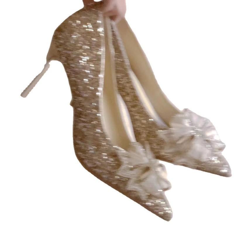 Golden rhinestone wedding shoes autumn new pointed stiletto sequins bow high heels women