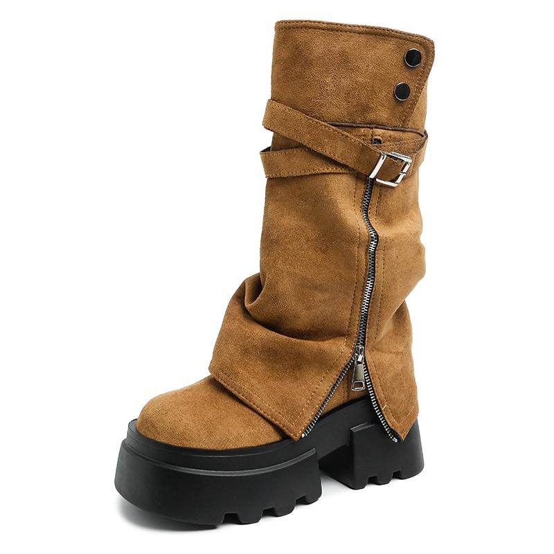 Fashion Women Fashion Boots European Microfiber Suede Leather Round Toe Maillard Western Cowboy Thick Soled Boots Motorcycle Short Boots