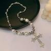 Fashion Bling Cross Pendant Necklaces Women Vintage Minimalist Pearl Necklace Clavicle Chain Punk Girl Luxury Clavicle Choker