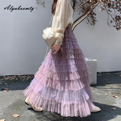Fairycore Autumn Winter Women Maxi Long Princess Skirt High Waist Beige Purple Layered Ruffles Mesh Skirt Romantic Tierred Party Feminine Skirts