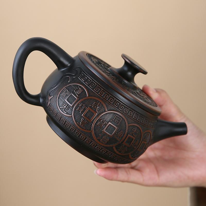 Jianshui Lila Keramik Schnitzteekanne Handbemalt Antike Reliefteekanne Haushaltsteekanne Kungfu Tee-Set Kessel