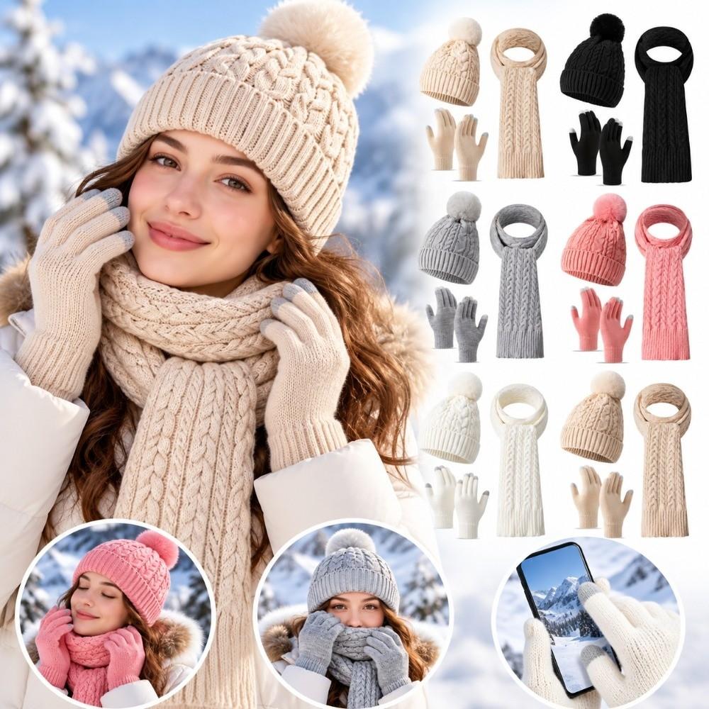 3Pcs/Set Thicken Winter Hat Scarf Gloves Set Warm Scarf Neck Warmer Suit Touchscreen Gloves  Unisex