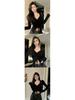 Black Slim-Fit Drawstring Navel-Baring Long-Sleeved Top for Women - Ideal for Spring and Summer