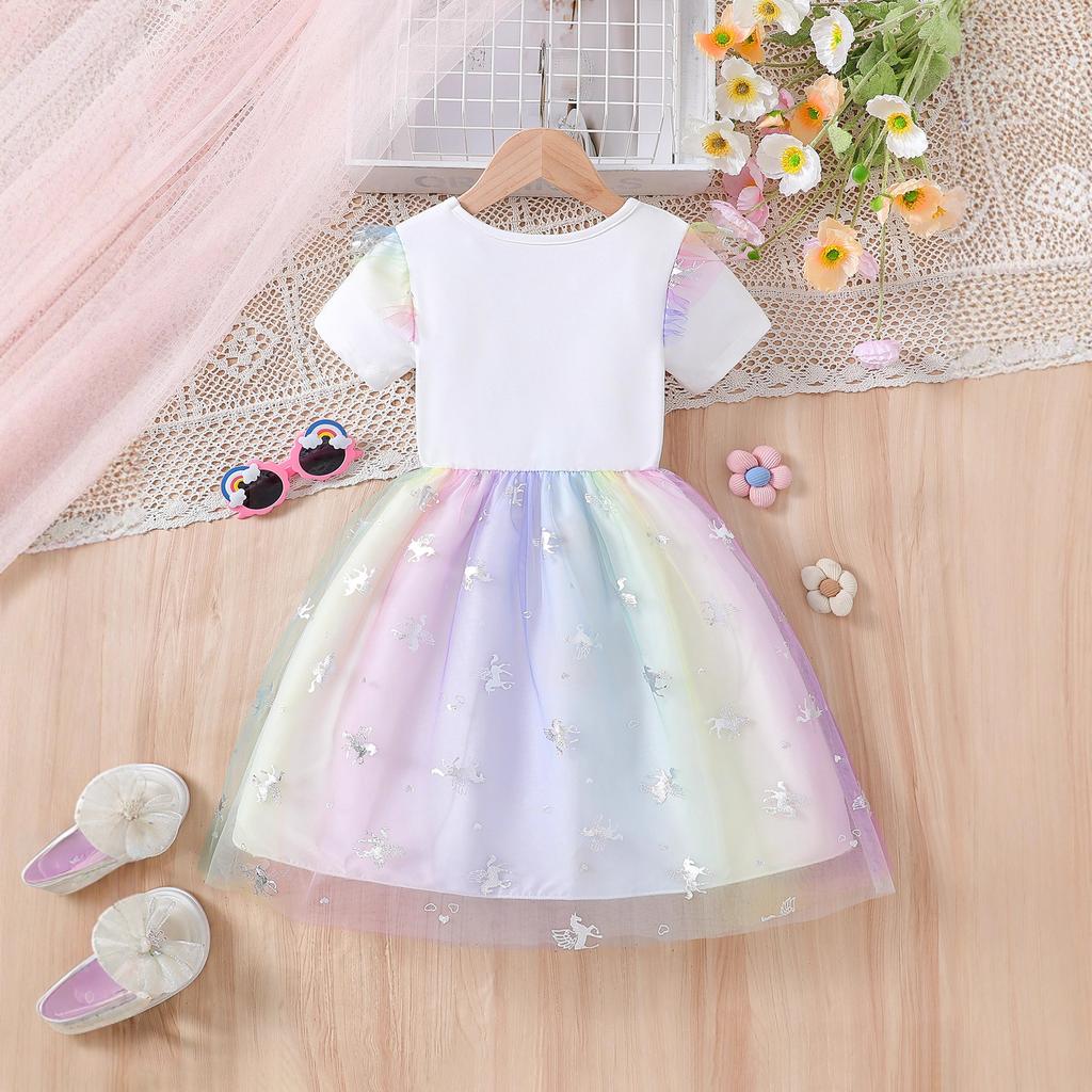 Girls' Princess Dress Summer Children's Fashion Cartoon Rainbow Puffy Dress