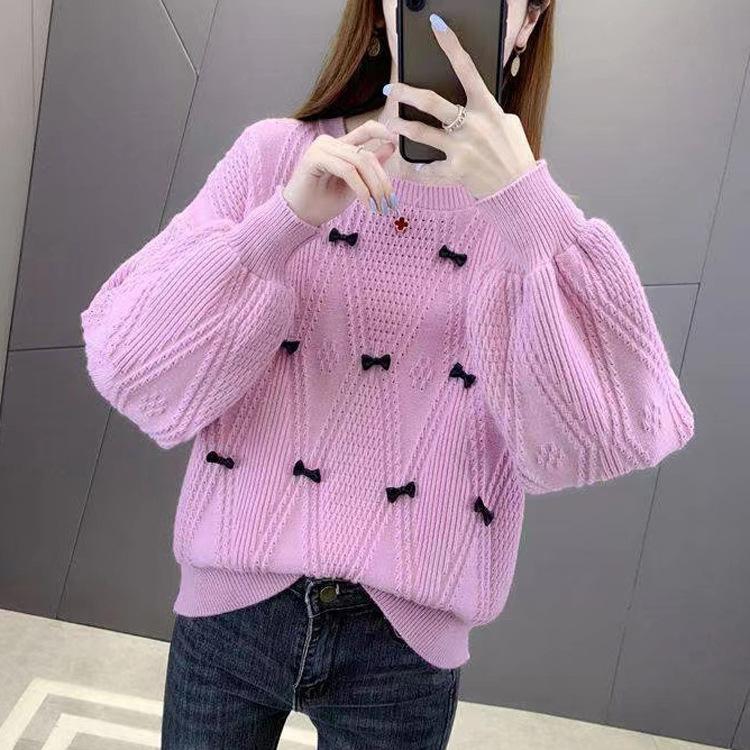Women's Round Neck Pullover Base Sweater for Autumn and Winter Loose and Lazy Style Butterfly Knot Knit Sweater