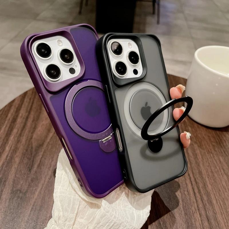 New Foldind Stand Holder Magsafe Phone Case for For Iphone 16 15 14 13 Pro Max Plus Desert Titanium Gold Magnetic Cover