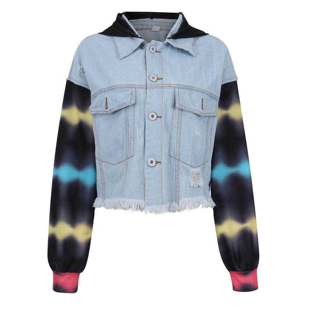 Women's Color Blocking Tie Dyed Denim Hole Tassel Long Sleeved Denim Jacket