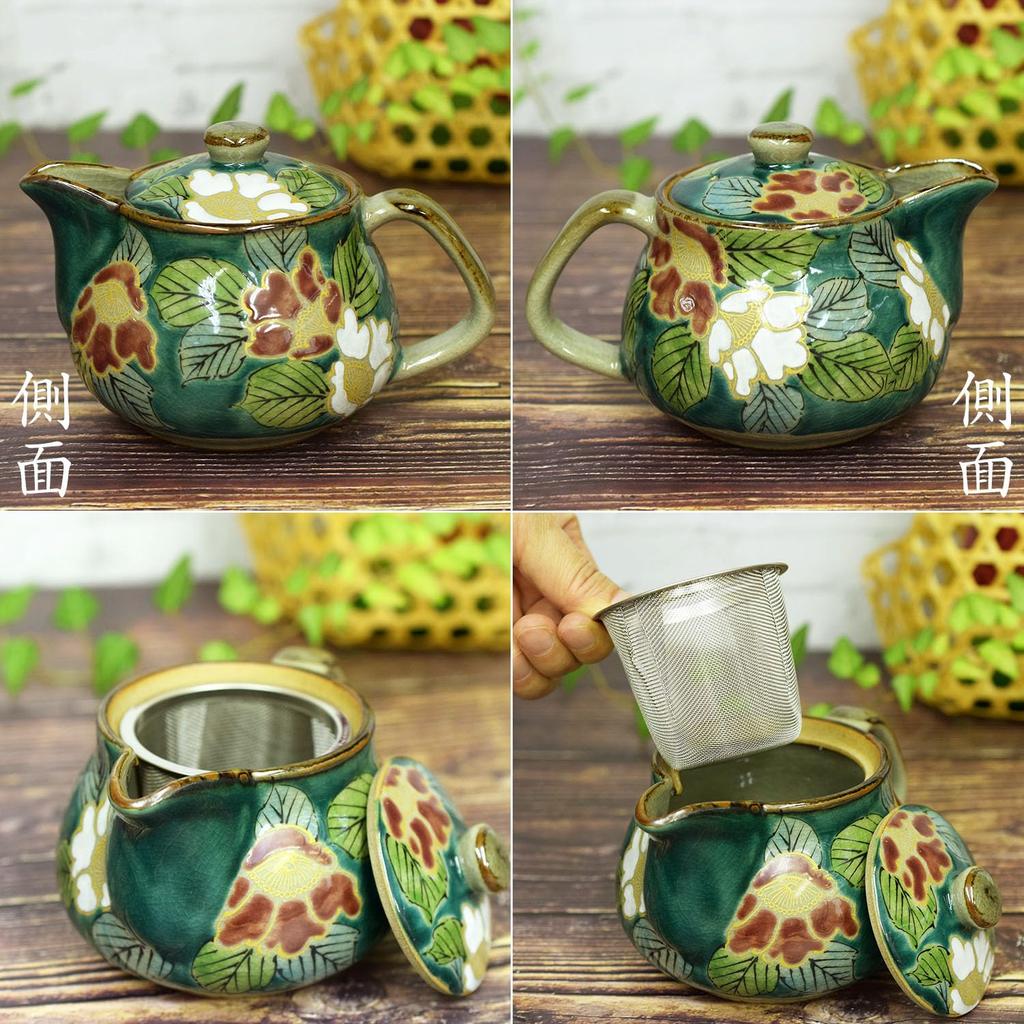 Waza no Kura Stilvolle Teekanne aus Kutani-Ware mit grünem Kamelien-Design und Teesieb. Hergestellt in Japan. Ein hochwertiges Keramikgeschirr und perfekt als ein