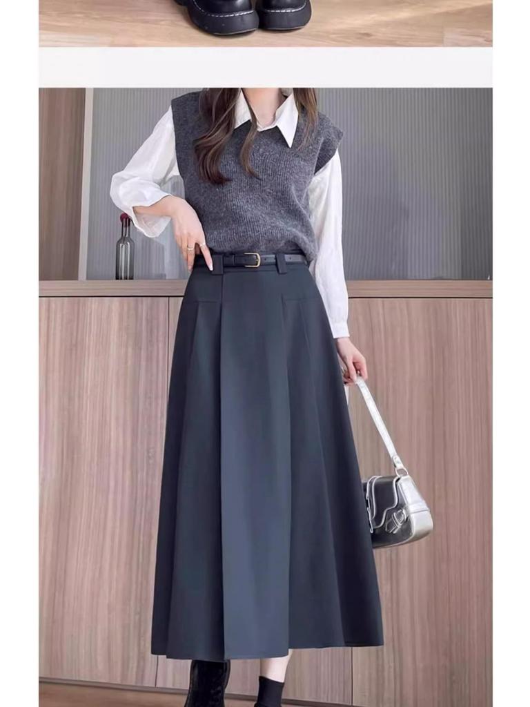 Pleated Midi A-line Skirt with Invisible Zipper & Belt