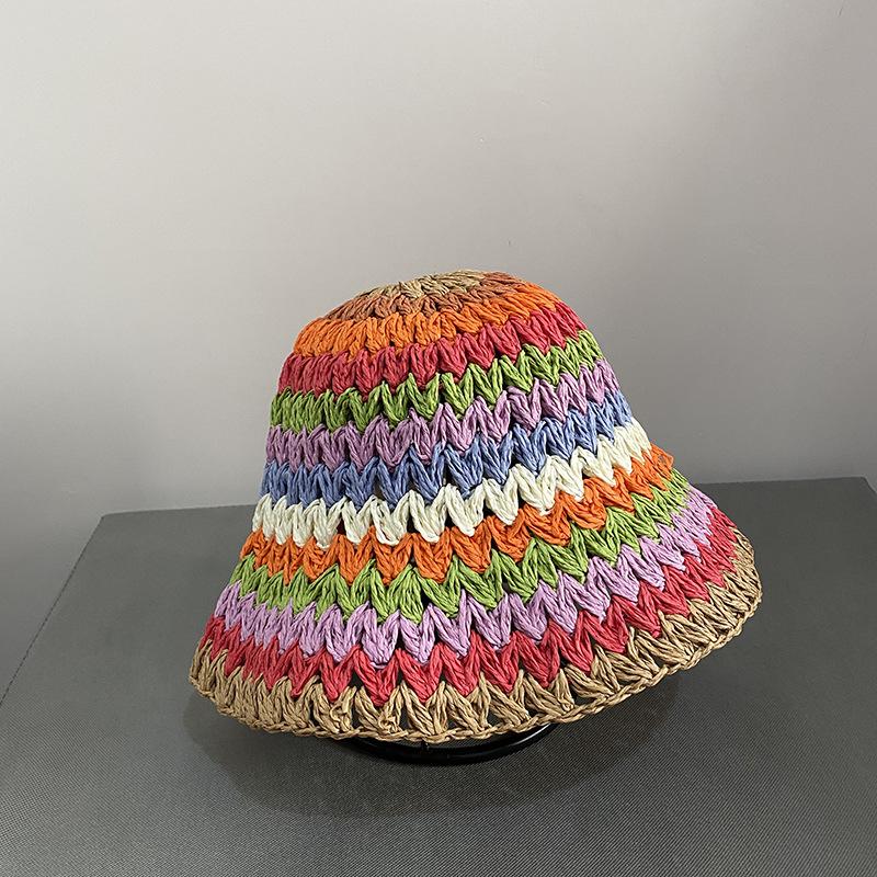 Colorful Summer Outdoor Holiday Sun Colorful Handmade Crochet Bucket Visor Hat Folded Beach Sunscreen Straw Hats for Women