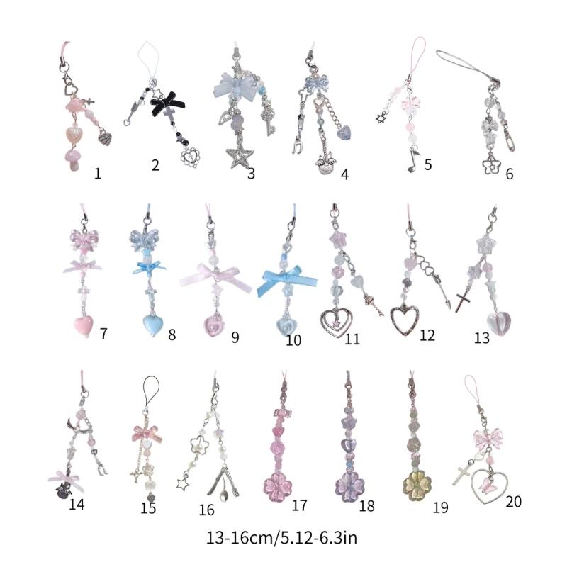 Handmade Bowknot Phone Chain Heart Pendant Keychain Rose Flower Charm Phone Lanyard Straps Acrylic Keyring Bag Ornament