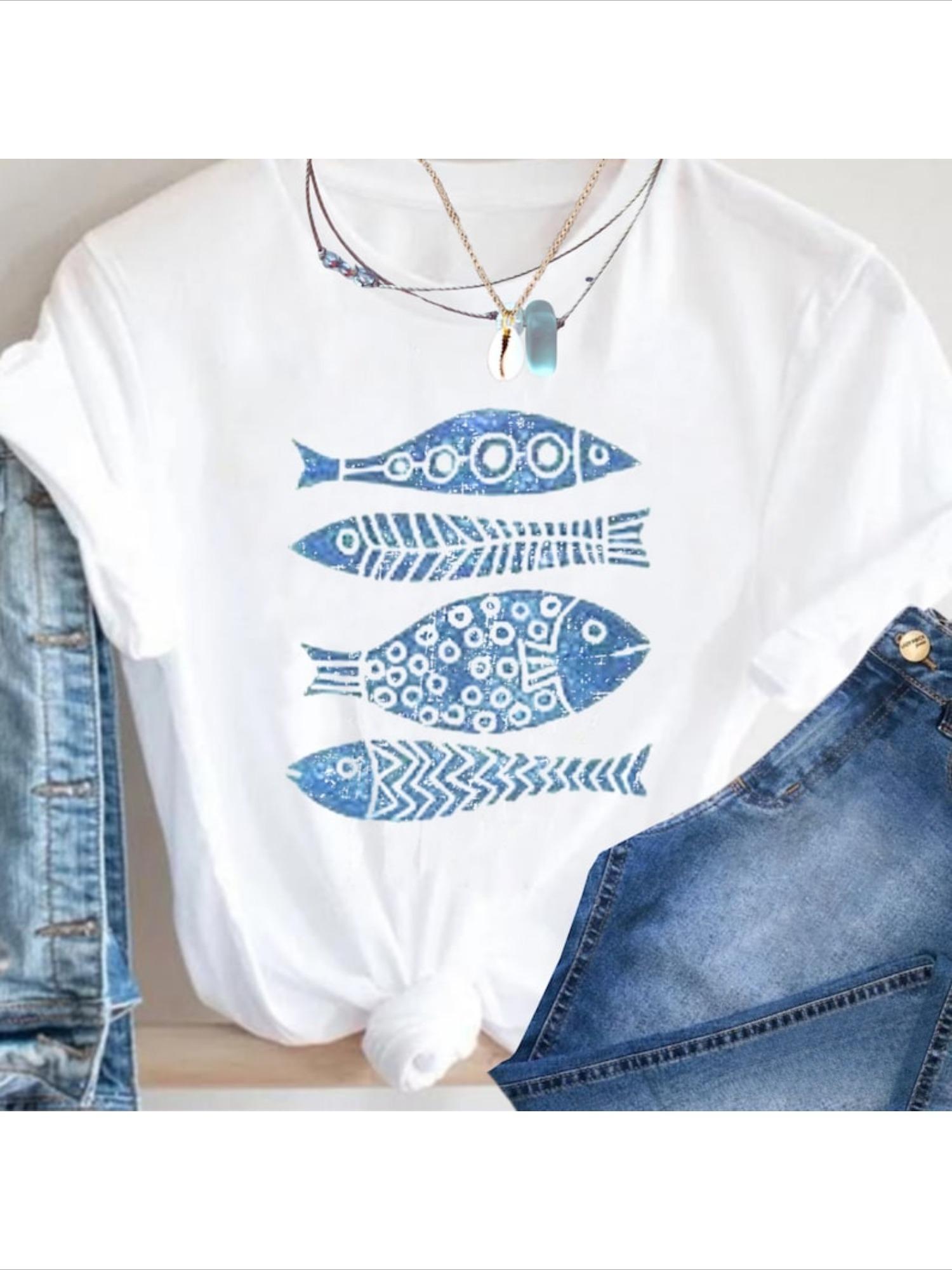 

Holiday Style Fish Print Summer Womens Top Short Sleeved Casual Round Neck Tshirt Summer Comfortable Womens Clothing S