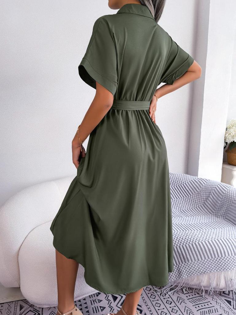 Summer Casual Loose Solid Color Tie-Up Long Shirt Dress for Women