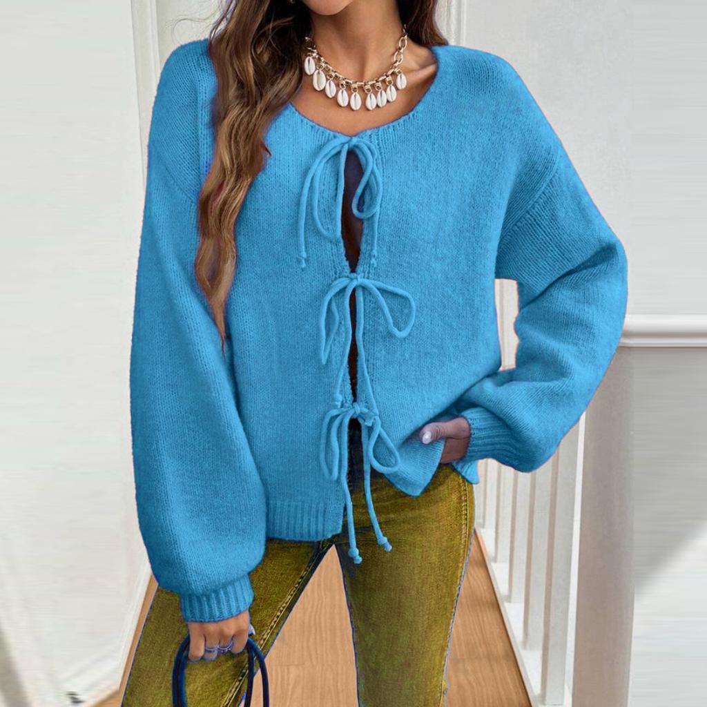 Women‘s Round Neck Long Sleeve Lace-Up Fitted Cardigan Coat