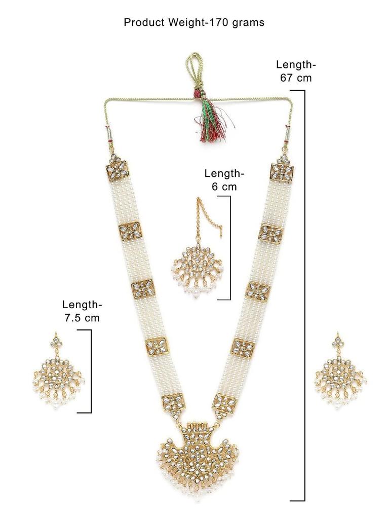 Antik-Gold-Ton Lange Kundan & Perlen Braut Halskette, Ohrringe & Maangtikka Set für Frauen