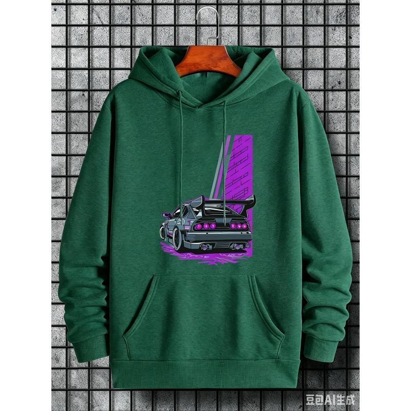 Men's Loose Racing Hooded Sweatshirt, Thick and Warm with A Hood, Featuring A Racing Pattern, Suitable for Daily Casual Wear.