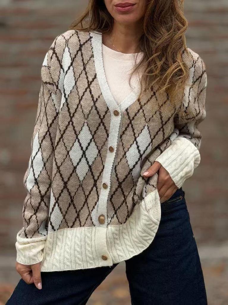 Women's Plaid V-Neck Cardigan Sweater - Button-Up, Casual, Autumn/Winter Collection