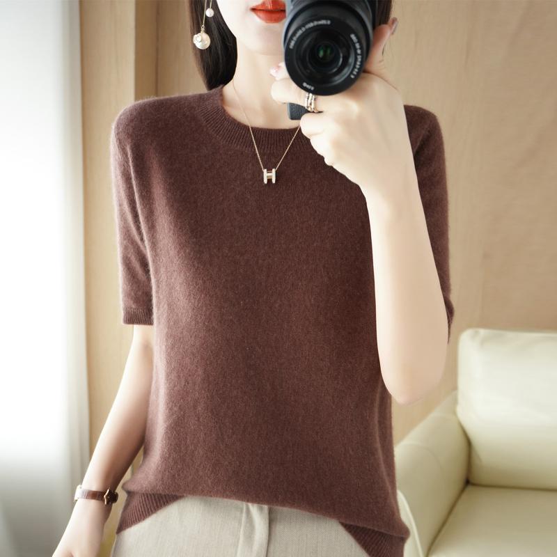 

Женская трикотажная футболка Летняя трикотажная рубашка Футболки с коротким рукавом Трикотажные пуловеры с круглым вырезом Трикотажные топы 2XL кофейный