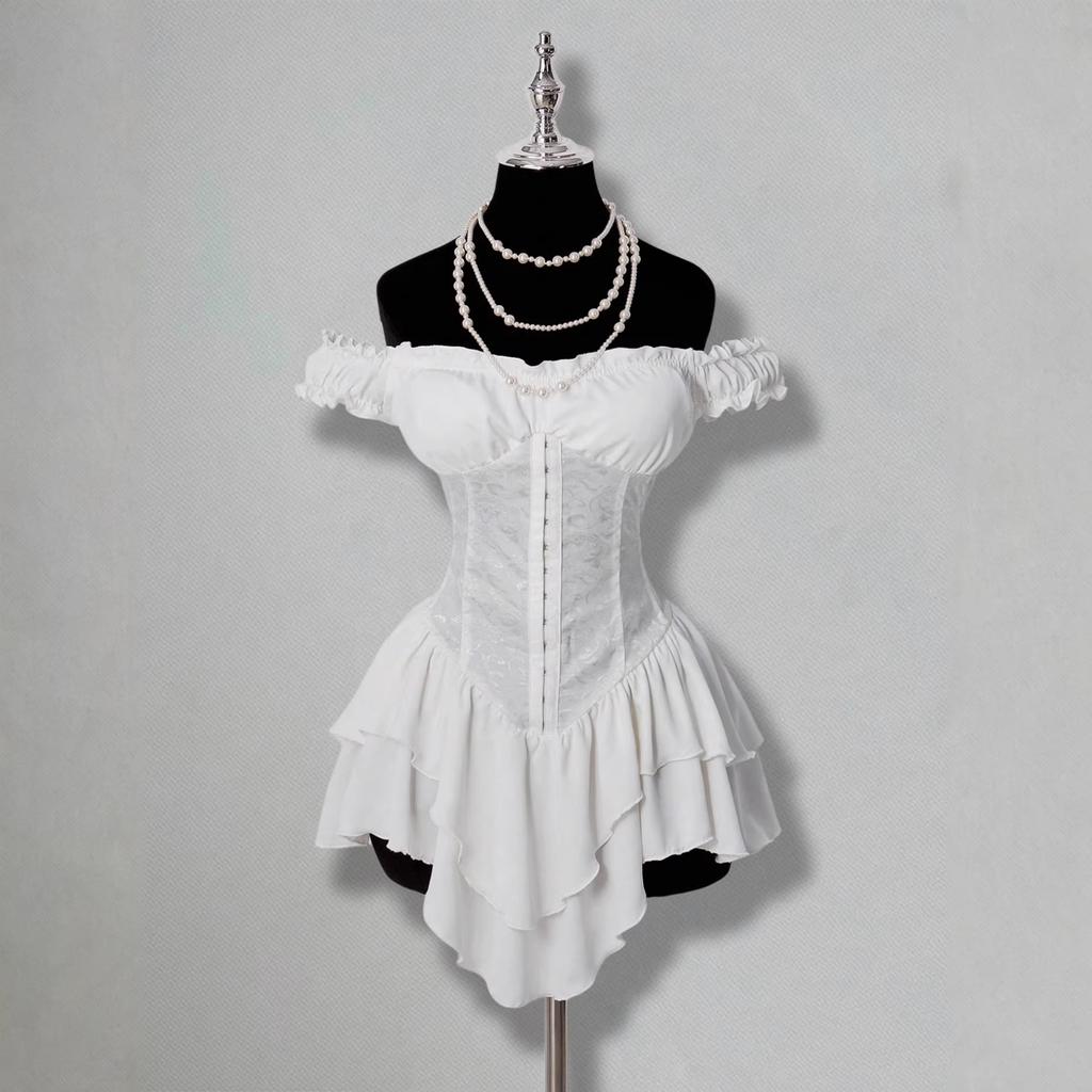 Jacquard Splicing Pleated Ruffle Edge Off-the-shoulder Multi-layer Ruffle Edge Hem A-word Chiffon Mini Dress