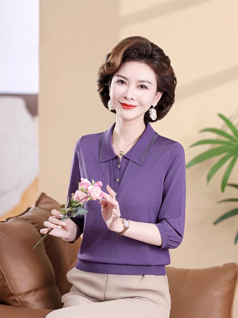 2026 Spring/Summer Long-Sleeve Polo Collar Knit Top for Women 2XL (Approx. 67.5-75 kg)