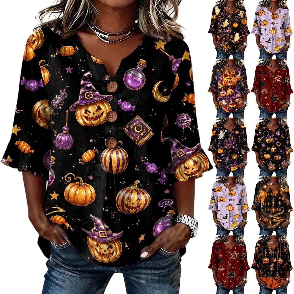 Women's Casual V-Neck Ruffle Trim Patchwork Sleeve Loose Fit Halloween Print Top