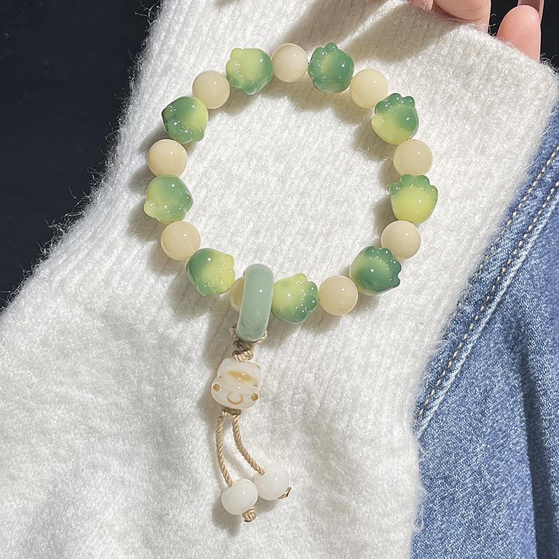 White Jade Bodhi Hand String Charcoal-Burned Little Cat Paw Single Circle Handheld Buddhist Beads Bracelet for Men and Women