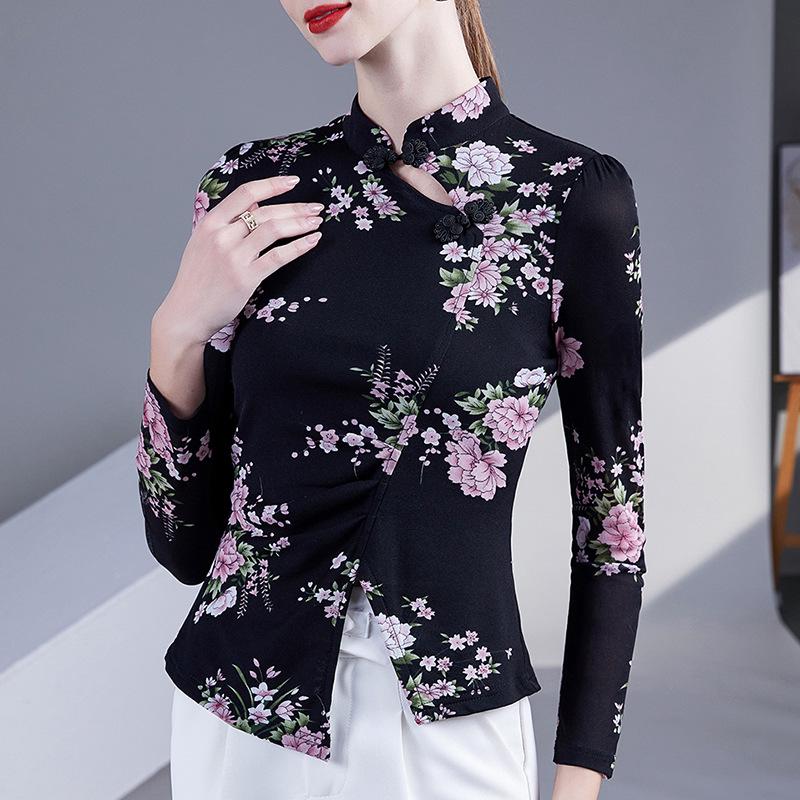 

Женская рубашка в стиле ретро со стойкой, длинными рукавами, сборкой на талии и разрезом по низу - Новый весенне-осенний принт Large чёрный