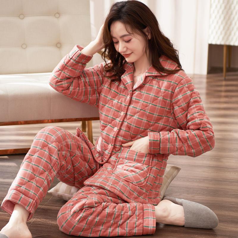 Pigiama Extra Spesso Donna Autunno Inverno 100% Cotone Loungewear Imbottito Tuta per la Casa di Mezza Età Scollo a V Fantasia Pigiami